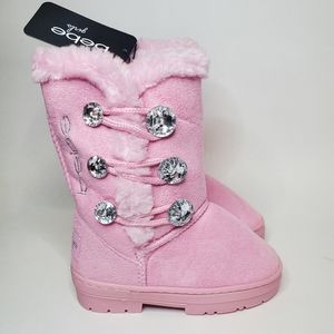 Bebe Girls Pink Rhinestones Btn Faux Fur Lined Trim Boots NWT